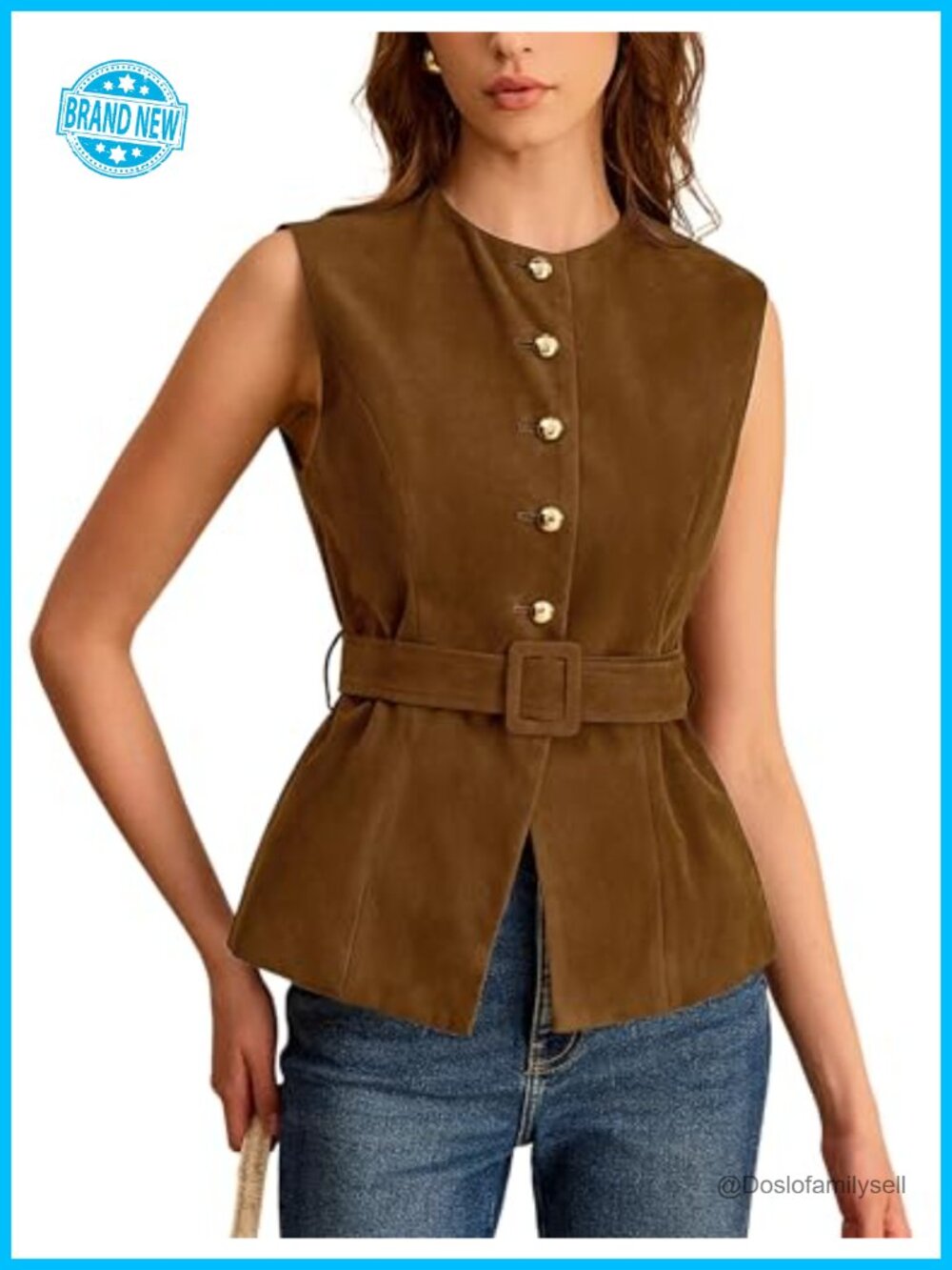 UANEO Suede Vest Sleeveless Button Waistcoat with Belt